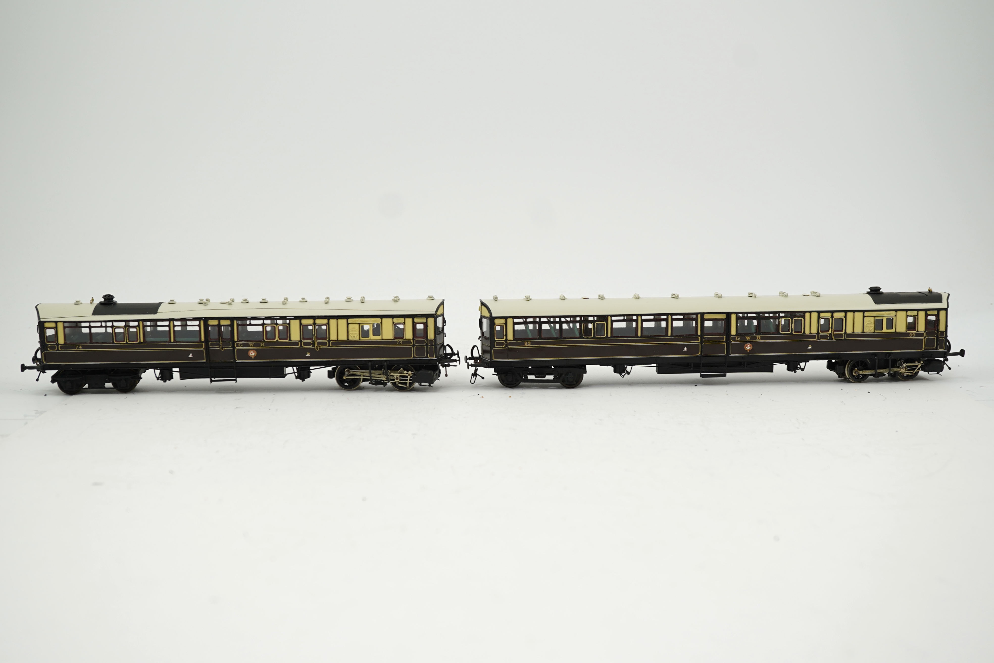 Two 00 gauge plasticard and brass, etc. kit built GWR rail motors; No.74 and No.89, constructed, painted and lined to a high standard, together with a BR turbine electric Co-Co locomotive, 18100, constructed using plasti